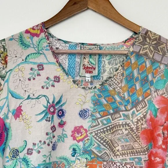 Johnny Was Tunic Top Womens Small Multicolor Boho Patchwork Floral Scalloped - Picture 3 of 9